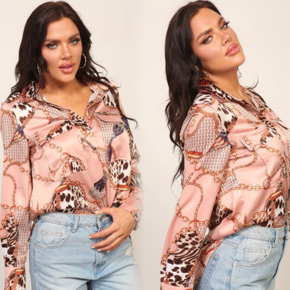 Chain and animal print button down satin polyester top - Picture 7 of 10
